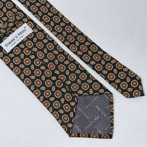 TODAY'S MAN ITALY SILK TIE GREEN BROWN PAISLEY FOULARD WOVEN LUXURY 4" X 60" - Picture 2 of 3